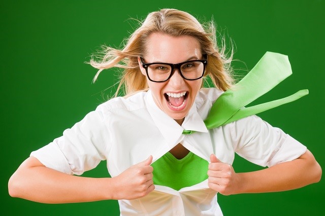 Green Superhero Businesswoman crazy face